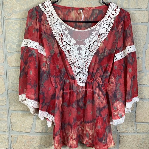 Free People Shirt Womens Small Red Lace Batwing Lightweight Blouse Boho Top - Picture 3 of 5