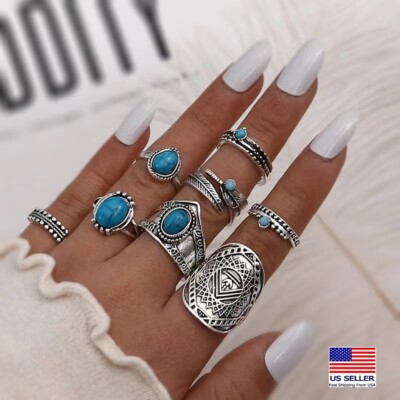 8PC Set Retro Finger Ring Value Leaf Turquoise Totem Knuckle Rings Jewelry 1891
