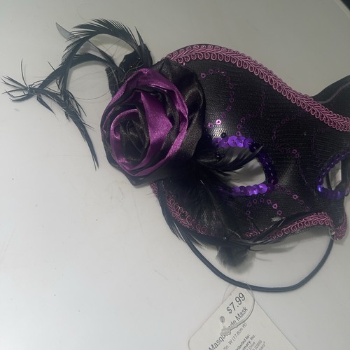 Purple & Black Masquerade Mask w/ Feathers 7 inches Wide Brand New - Picture 2 of 8