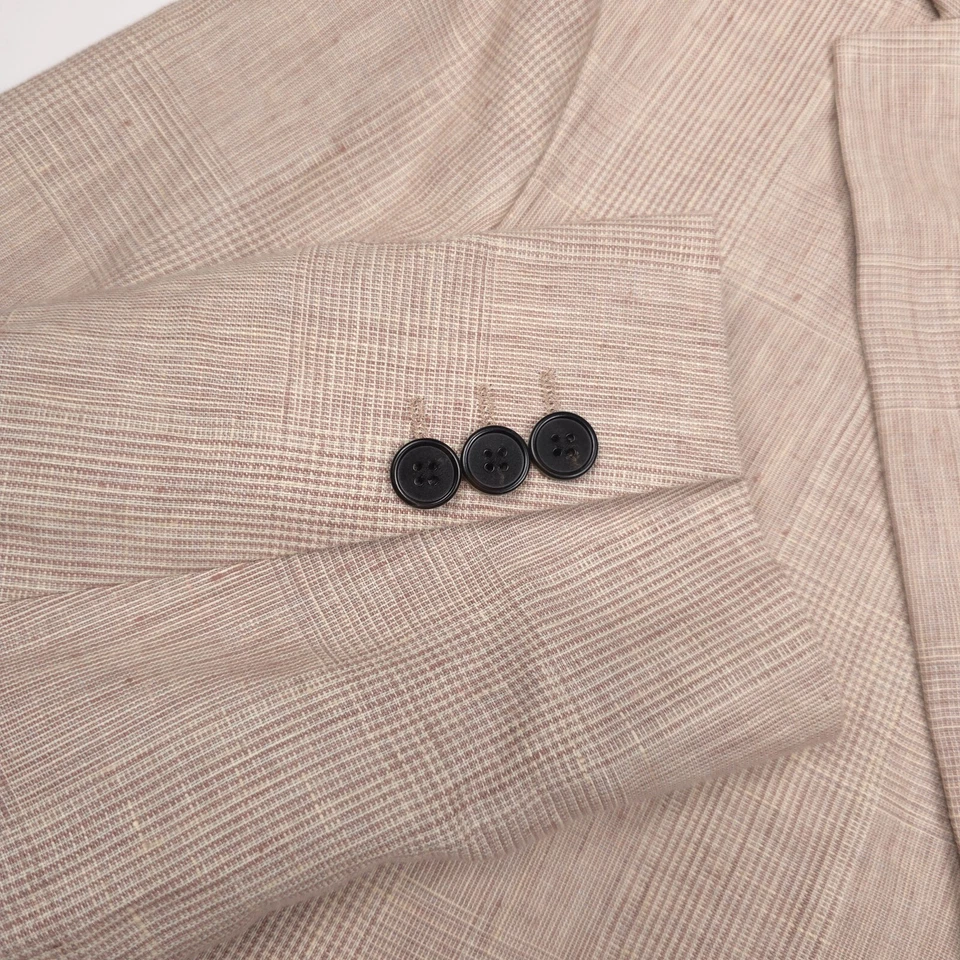 $585 Theory Clinton Sand Beige Glen Plaid Linen Suit Jacket Mens Size 38R - Image 3 of 4