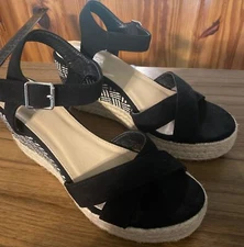 Top Moda Women’s Strappy Wedge Heels Size 8.5 Faux Suede Black