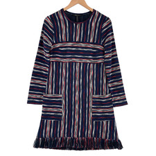BCBGMAXAZRIA Sweater Dress Womens XS Multi Striped Long Sleeve Round Neck Fringe