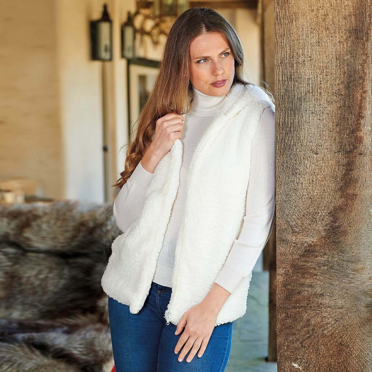 Sherpa Fleece Body Warmer Women Long-Line Hooded Jacket Lightweight Layering