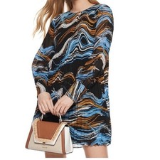 Nine West Blue Abstract Print Pleated Long Sleeve Chiffon Shift Dress Size XL