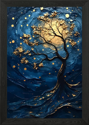 Golden Tree in Blue Swirls Framed Wall Art Poster Canvas Print Picture