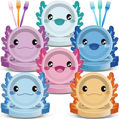 60 Set Axolotl Birthday Party Decorations Cartoon Axolotl Shaped Paper Plates...