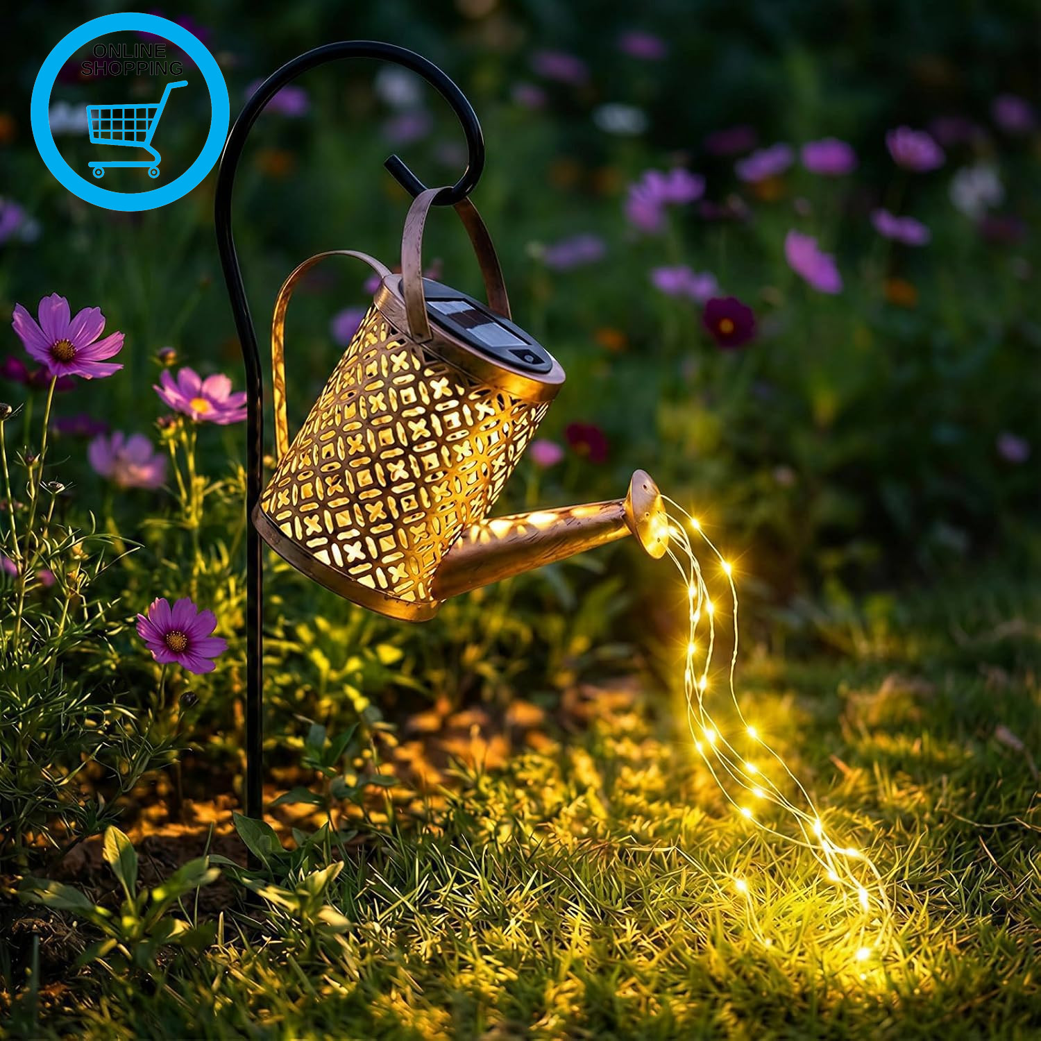 Solar Watering Can with Cascading Lights, Outdoor Garden Ornaments, Waterproof L