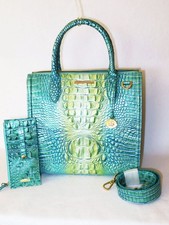 BRAHMIN Glowing SEAFOAM OMBRE OCEAN AQUA BLUE GREEN LARGE CAROLINE & WALLET NWT