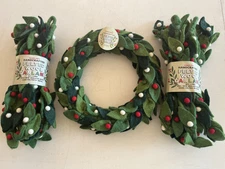 Trader Joes 2025 Holiday Handcrafted Felted Wool Holly Wreath w Two 9Ft Garlands