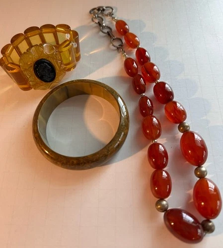 Vintage Bakelite Jewelry Lot of 3: Bangle, Rootbeer Necklace, Cameo Bracelet