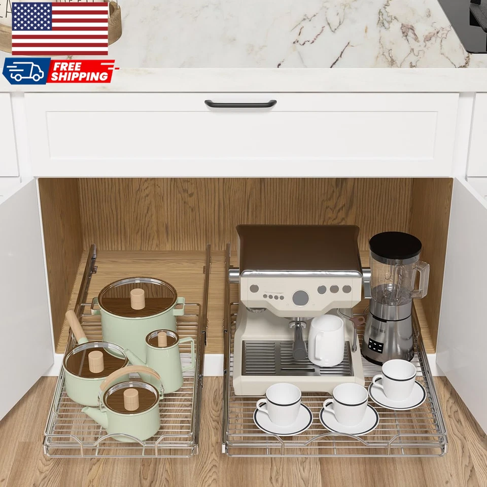 Paquete de 2 organizadores de gabinete extraíble de 15" W X 21" D estantes extraíbles gabinete de 1 nivel Foto 3 de 4