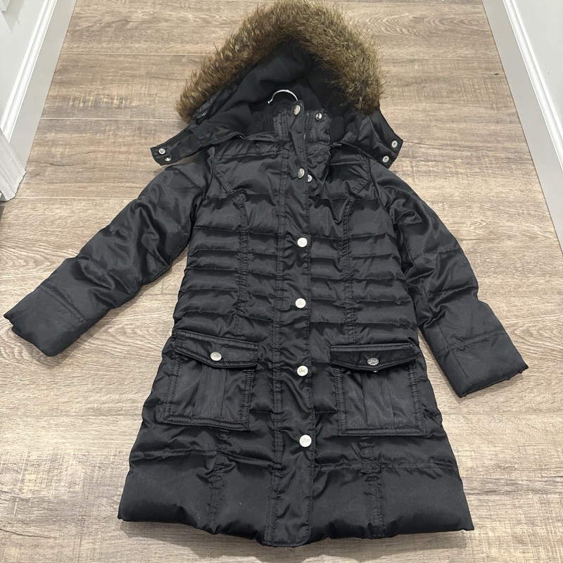 Gap Kids Down Coat Girl XS 4- 5t Black Puffer Hooded Jacket Faux Fur Trim Hood