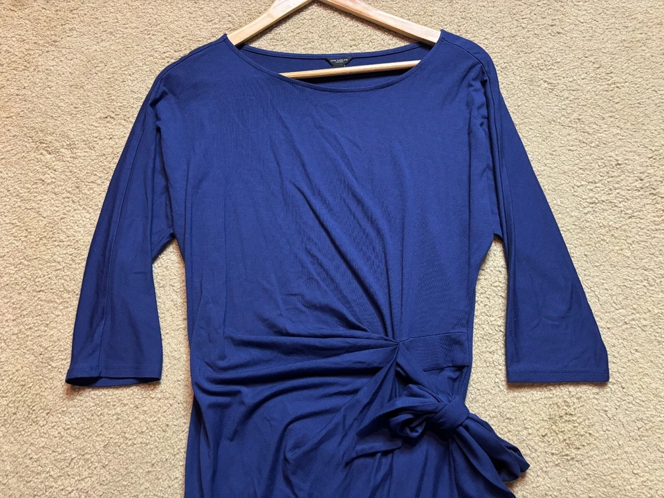 Ann Taylor Navy Blue Faux Wrap Boat Wide Neck Tie Front 3/4 Sleeve Shirt Dress S - Image 3 of 4