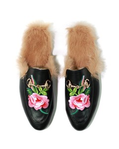 Embroidered Floral AppliquÃ© Rabbit-Fur Lined Princetown Slide Loafers Slippers | eBay