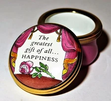 HALCYON DAYS ENGLISH ENAMEL BOX- "THE GREATEST GIFT OF ALL ... HAPPINESS" - ROSE