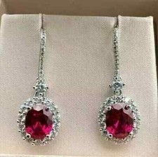 3Ct Oval Cut Lab-Created Ruby Women's Drop Dangle Earring 14k White Gold Plated