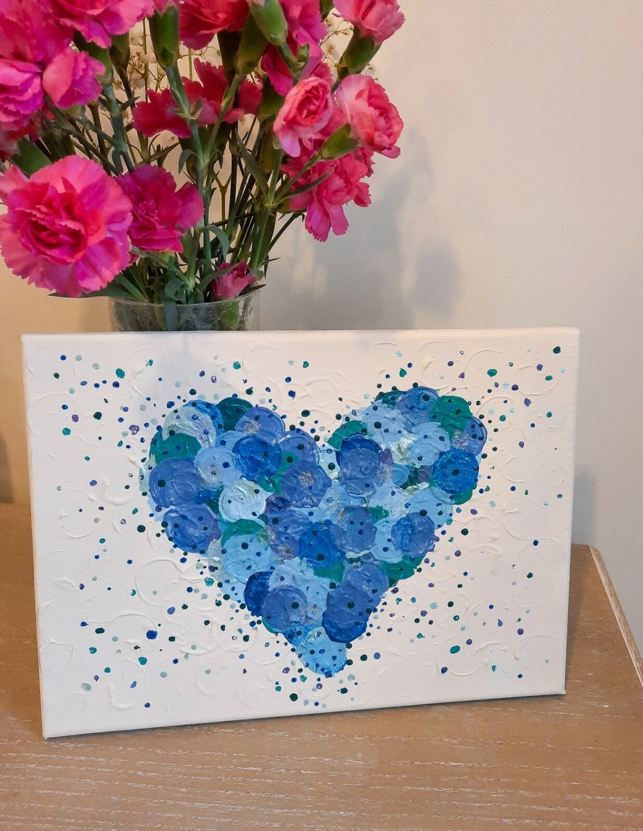 Original Love Heart Canvas Painting Acrylic Art Blue Gift for Her