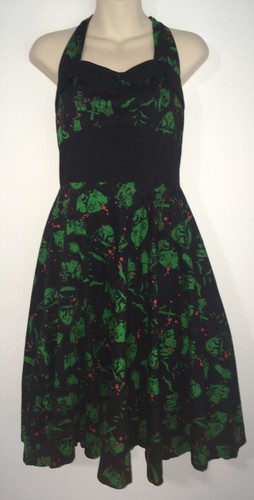 Hell Bunny WomenS Dress Black Green Frankenstein Halter Retro A-line Size XS - Picture 2 of 10