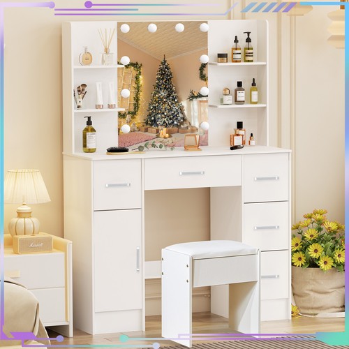 Vanity Dressing Desk + Stool 5 Drawers Makeup Table LED Lighted Mirror Bedroom - Picture 3 of 11