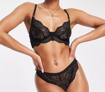Ann Summers Hold Me Tight Black Lace Bra & Thong Sz Large (16-18) *In Stock*