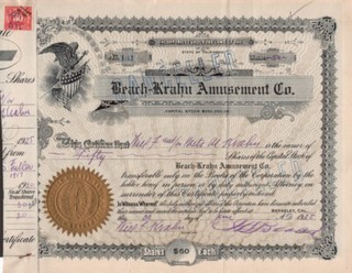 Beach Krahn Amusement Co. Original Stock Certificate 1925 #131