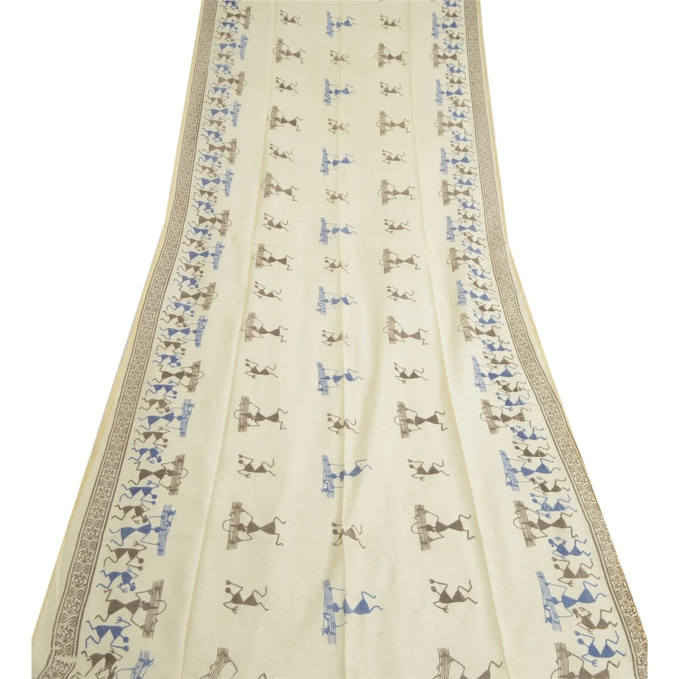 Sánskriti Vintage Dupatta Estola Larga Mezcla Seda Marfil Bufandas Warli Estampado Velo Foto 2 de 4
