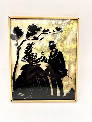 Antique Reverse Painted Silhouette Victorian Picture Convex Bubble