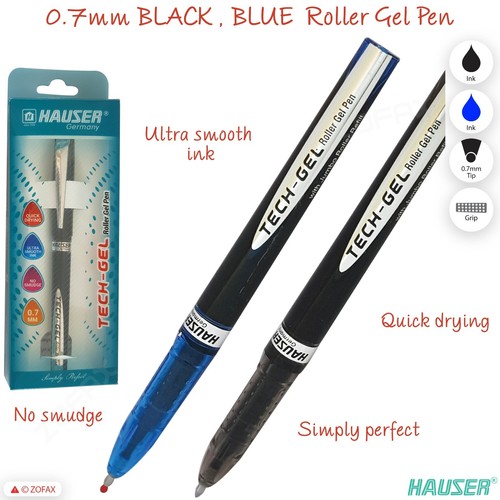 0.7mm HAUSER Tech BLACK BLUE Ultra Smooth Ink Roller Gel Pen Quick Dry