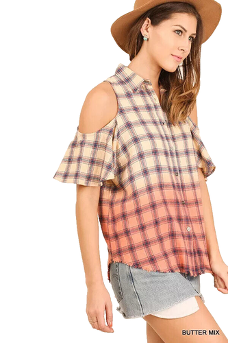 Umgee Top Size M Orange Plaid Fairy Cold Shoulder Cottage Tunic Womens Shirt - 第 4/4 張圖片