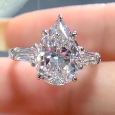 Image of Three Stone 3.75 TCW Pear Cut Moissanite Engagement Ring Solid In 9ct White Gold
