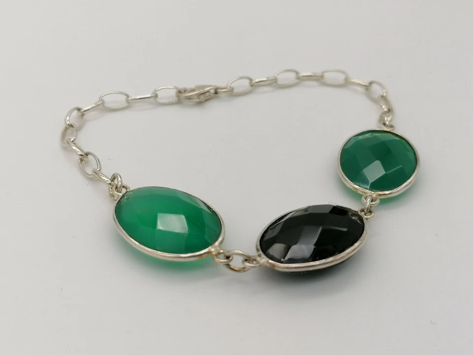 Pulsera Mujer Plata 925 Blanco Con Ágata Verde Y Ónix Hecho En Italia - Imagen 3 de 4