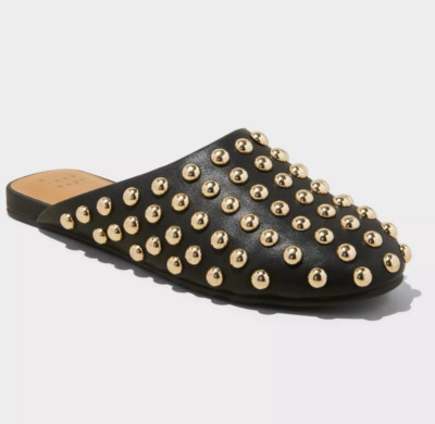 Women's Channing Black Gold Studded Slip On Mule Flats with Memory Foam Insole