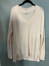 LOFT Ribbed Knit Pullover Sweater V-Neck Ivory Women  s S Long Sleeve