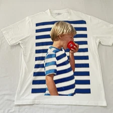JW Anderson Boy Eating Apple Embroidery T-Shirt Men LARGE White Blue Stripes