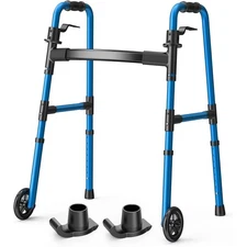 Folding Walker with 2 Skis and 5" Wheels Lightweight Walker Up to 350 Lbs BLUE