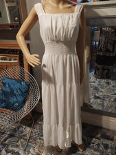 White Tank Style Tiered Smocked Chiffon Maxi Dress Sleeveless Lined M