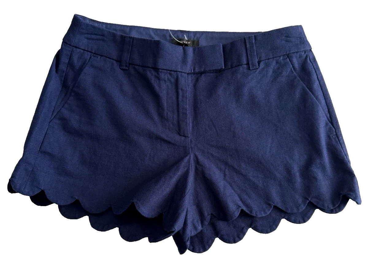 J. CREW Womens Linen Blend Navy Blue Scallop Hem Shorts Size 0 Preppy Summer