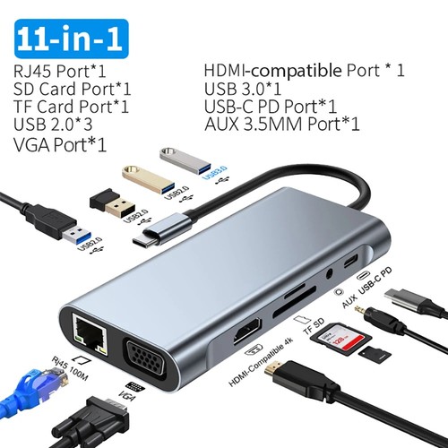 11 in1 Docking Station Type-C to 4K HD 100Mb PD100W Card Reader Laptop Converter - Afbeelding 10 van 14