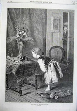 Original Old Antique Print 1870 Fine Art Little Girl Looking Table Flowers 19th