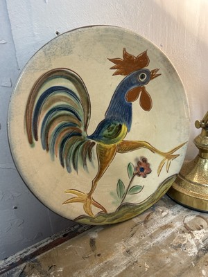 1960s Spanish Puigdemont Studio Art Pottery Plate Unique Walking Rooster Design