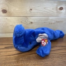 Rare TY Beanie Baby Beanie Babies Blue Elephant, Large, Ear Tag, "Peanut" 1998