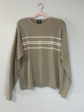 Vintage Dockers Men's Tan Crewneck Sweater with White Stripes, Size L