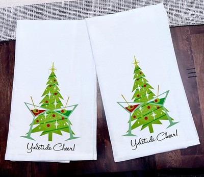 Christmas Yuletide Cheer Kitchen Towels Tea Towels Ink on 100% Cotton Size 28x28