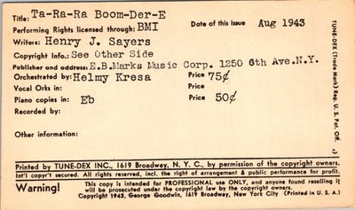 Tune-Dex ''Ta-Ra-Ra Boom-Der-E'' Vaudeville Standard BMI 1943 E.B. Marks