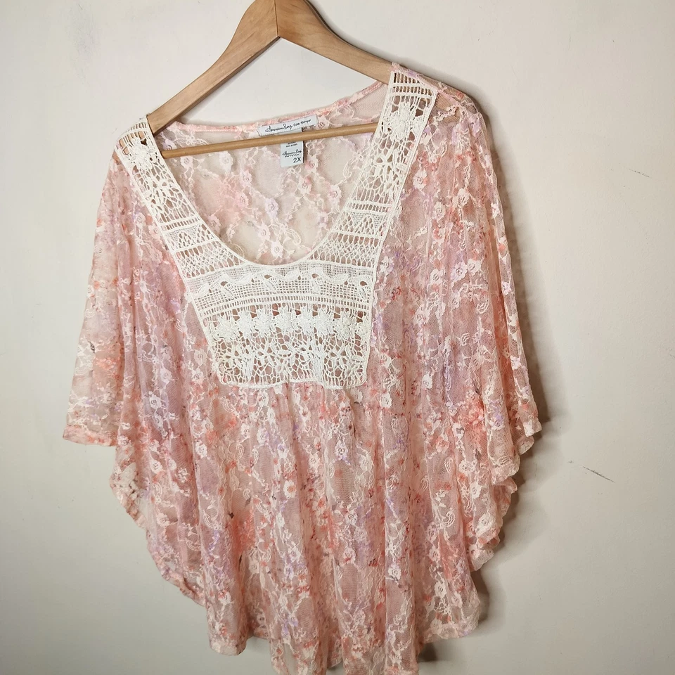 Blusa Top American Rag Cie Floral Encaje 2X Para Mujer Rosa Caprichosa Hada Boho Foto 4 de 4