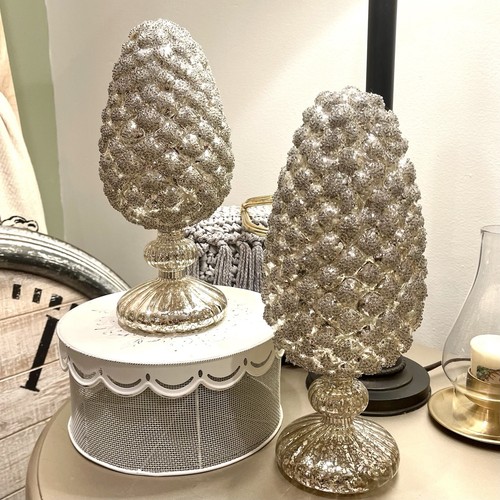 Set of 2 Mercury Glass Pinecones on Pedestals Silver Color Glittery Winter