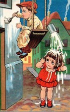 VINTAGE COMIC postcard:   BOY PAINTING WALL SPILLING PAINT ON GIRL