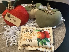 PRIMITIVE(BEIGE, GREEN,RED )FALL APPLES , SET OF 3  BOWL FILLERS- #4