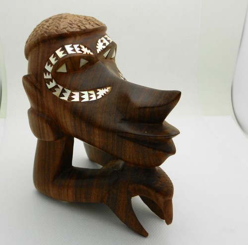 Hand Carved Nguzunguzu Figurine Solomon Island Wood with Mother Pearl Inlay 5.5"