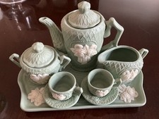 Child's 10-Piece Sage Green Bisque White Rose Victorian-Style Tea Set